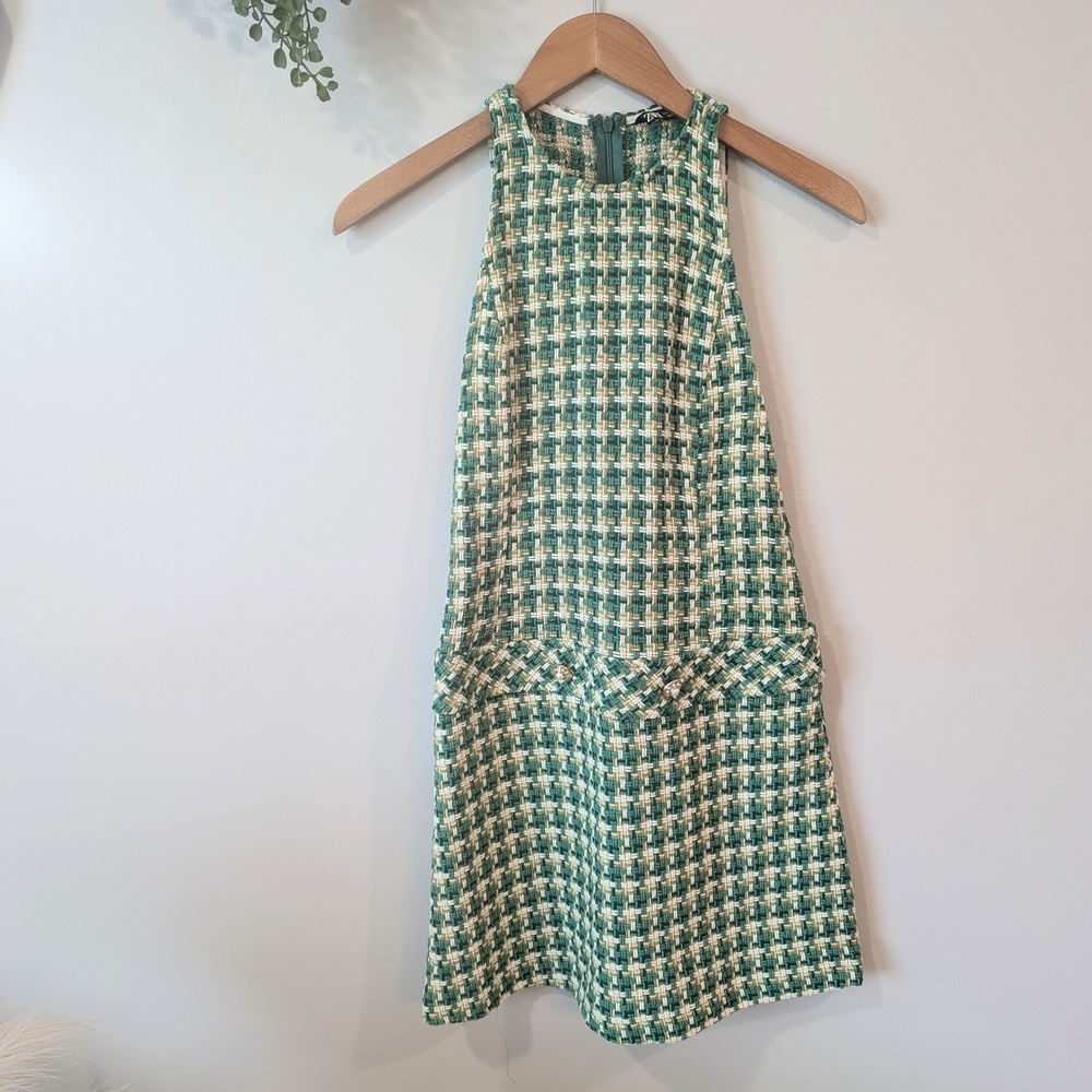 Zara Green and White Tweed Mini Dress